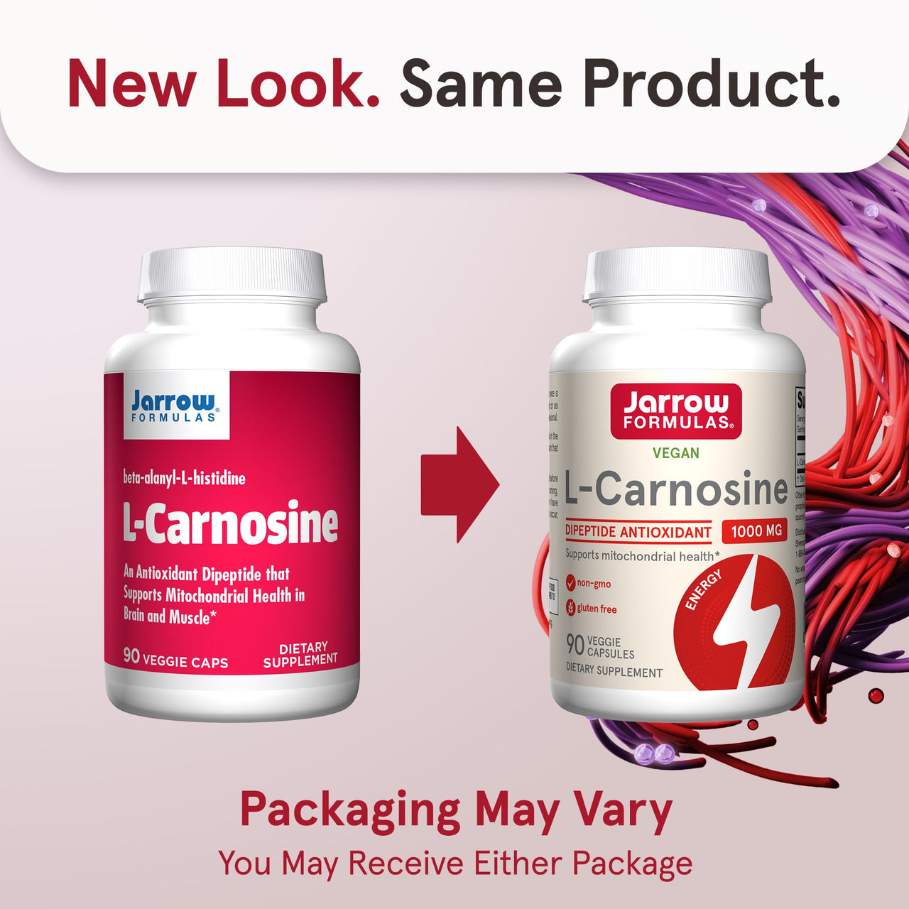 Jarrow Formulas® L-Carnosine Dipeptide Antioxidant 1000 mg, Dietary Supplement, Antioxidant Support for Mitochondrial Health, 90 Veggie Capsules, Up to 45 Day Supply