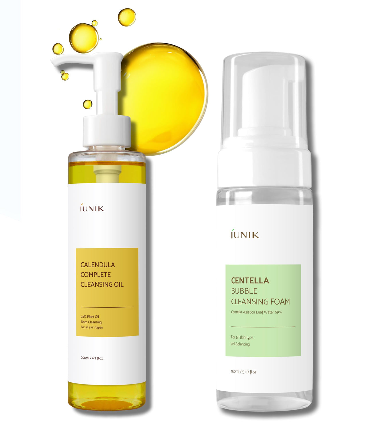 iUNIK Calendula Jojoba Oil Cleanser Gentle Makeup Remover Pore Cleansing Oil & Centella Bubble Foaming Facial Cleanser Vegan Soothing Moisturizing Dry Oily Sensitive Skin Korean Skincare