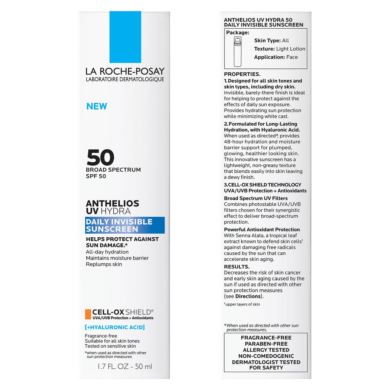 La Roche Posay Anthelios UV Hydra Sunscreen SPF 50, Daily Hydrating Sunscreen for Face with Hyaluronic Acid and Vitamin E, Broad Spectrum Invisible SPF Protection, Anti Aging, Fragrance Free