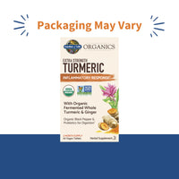 Thumbnail for Garden of Life Organics Extra Strength Turmeric Inflammatory Response 60 Tablets-100mg Curcumin (95% Curcuminoids) Black Pepper, Probiotics, Organic Non-GMO Vegan Gluten Free Herbal Supplement