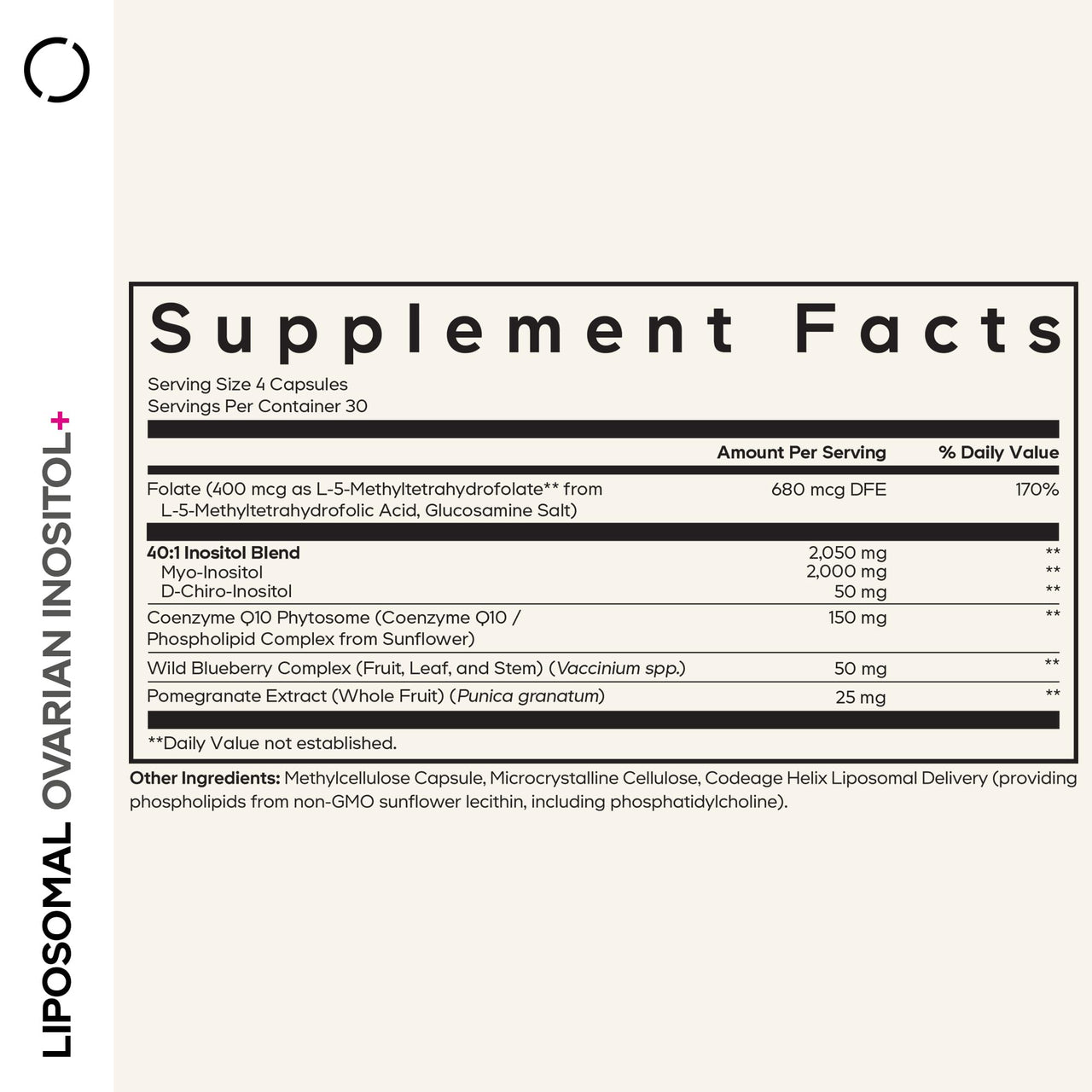 Codeage Liposomal Ovarian Inositol+ Supplement - Myo-Inositol & D-Chiro-Inositol 40:1 Blend, Folate 5-MTHF, CoQ10, Pomegranate & Wild Blueberry, Liposomal Delivery, Non-GMO, Gluten-Free - 120 Capsules