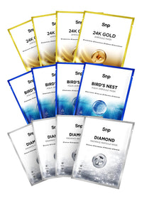 Thumbnail for SNP Variety Ampoule Sheet Mask Set | Bird's Nest, 24K Gold, and Diamond Face Mask | Hydrating, Moisturizing, Nourishing for Sensitive Facial Skin | Korean Face Masks Skincare | 12 Sheets