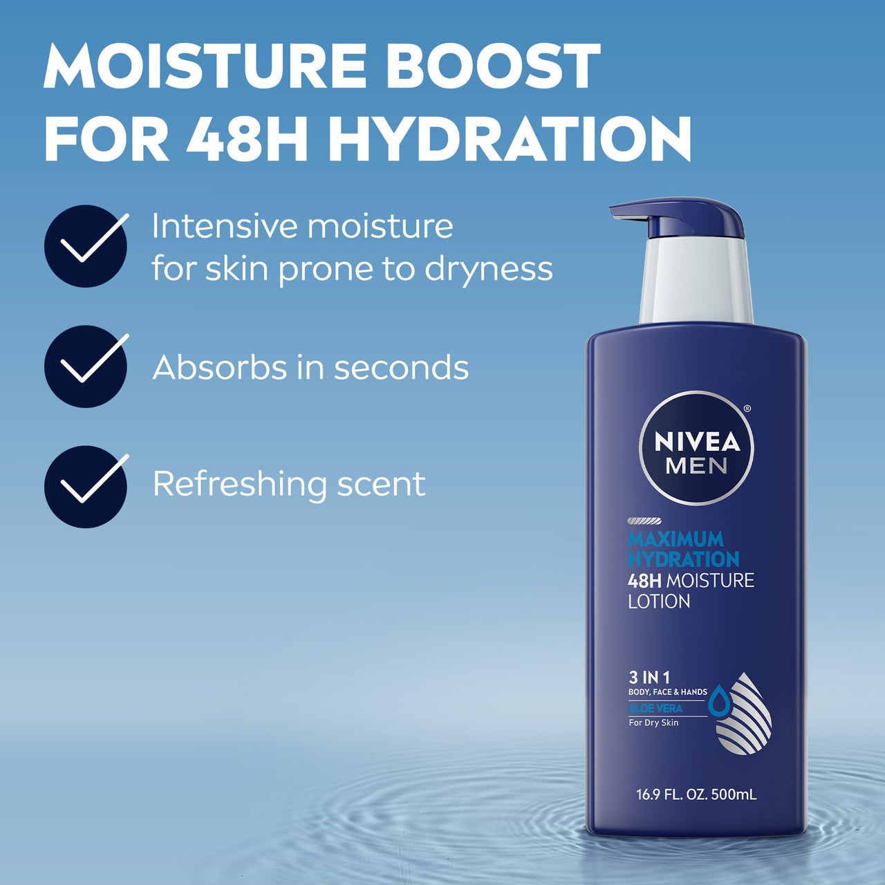 NIVEA MEN Maximum Hydration 48-Hour Moisture Body Lotion for Dry Skin, Aloe Vera Lotion for Men, 3-in-1 Body, Face and Hands, Dermatologically-Tested, 16.9 Fl Oz Bottle