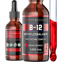 Thumbnail for VITBOOST Vegan Liquid B-12 Drops – 60 x 5000 mcg Extra Strength Raspberry Flavored Vitamin B12 Liquid Methylcobalamin sublingual Supplement | Designed to Maximize Absorption & Energy | Gluten Free