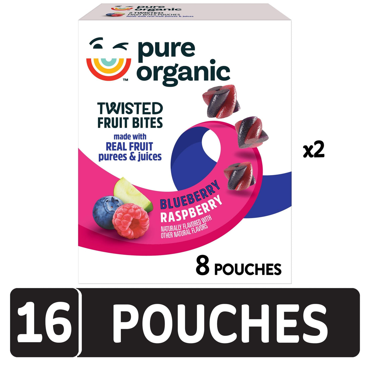 Pure Organic Twisted Fruit Bites, Kids Snacks, Fruit Snacks, Blueberry Raspberry (16 Pouches)