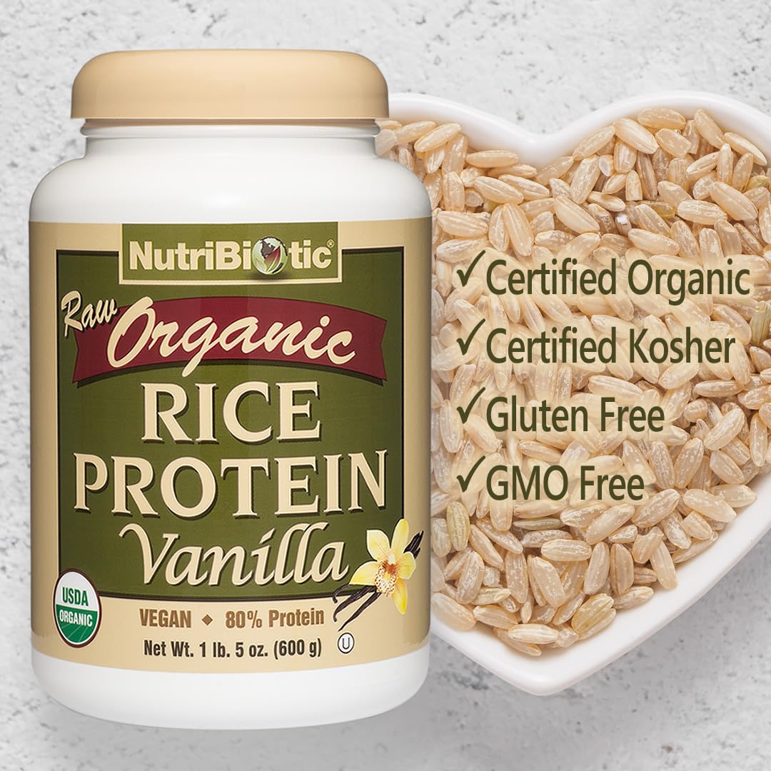 NutriBiotic Certified Organic Rice Protein Vanilla, 1 Lb. 5 Oz | Low Carbohydrate Vegan Protein Powder | Raw, Certified Kosher & Keto Friendly | Made Without Chemicals, GMOs & Gluten | Easy to Digest