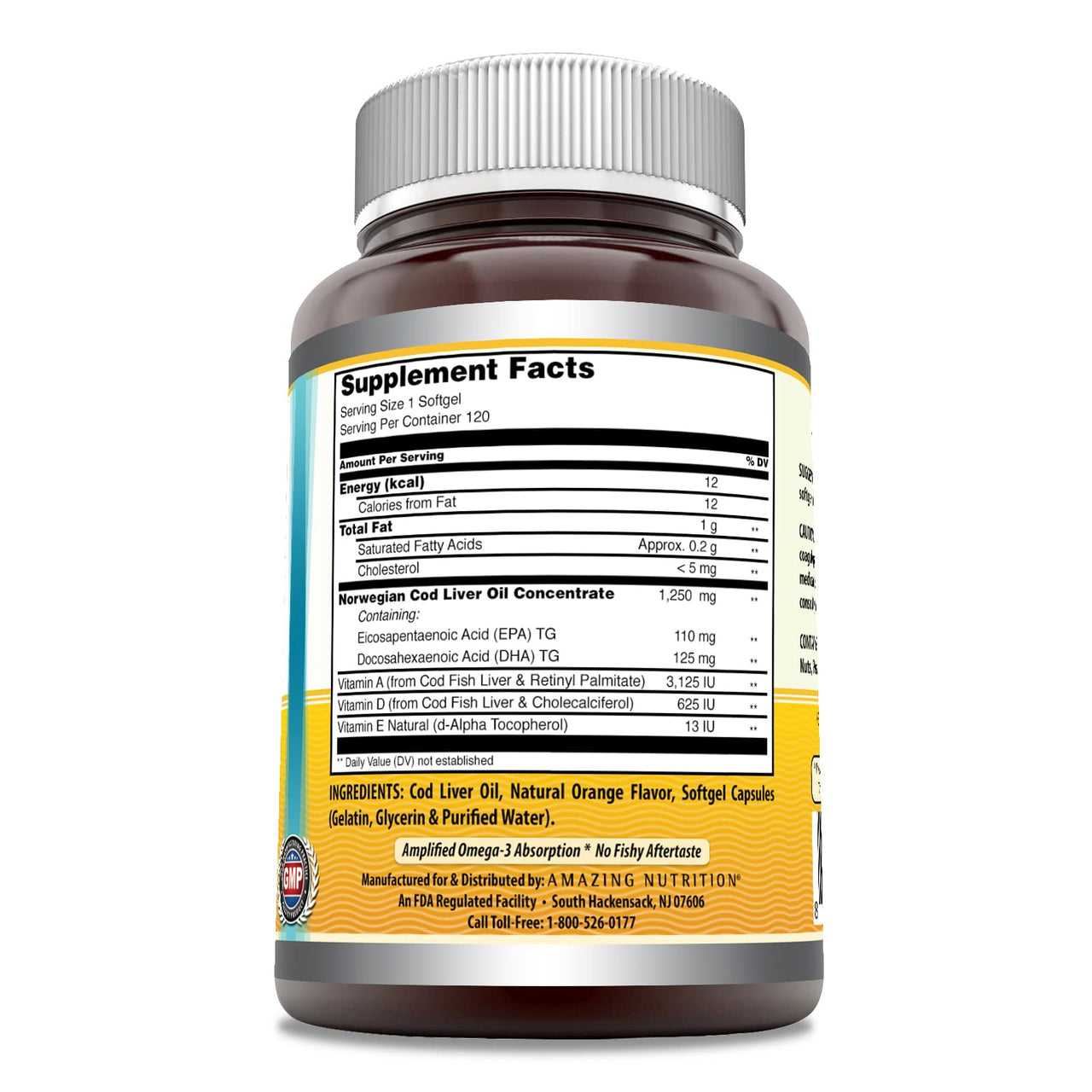 Amazing Omega Norwegian Cod Liver Oil 1250 mg 120 Softgels Supplement (Fresh Orange Flavor)