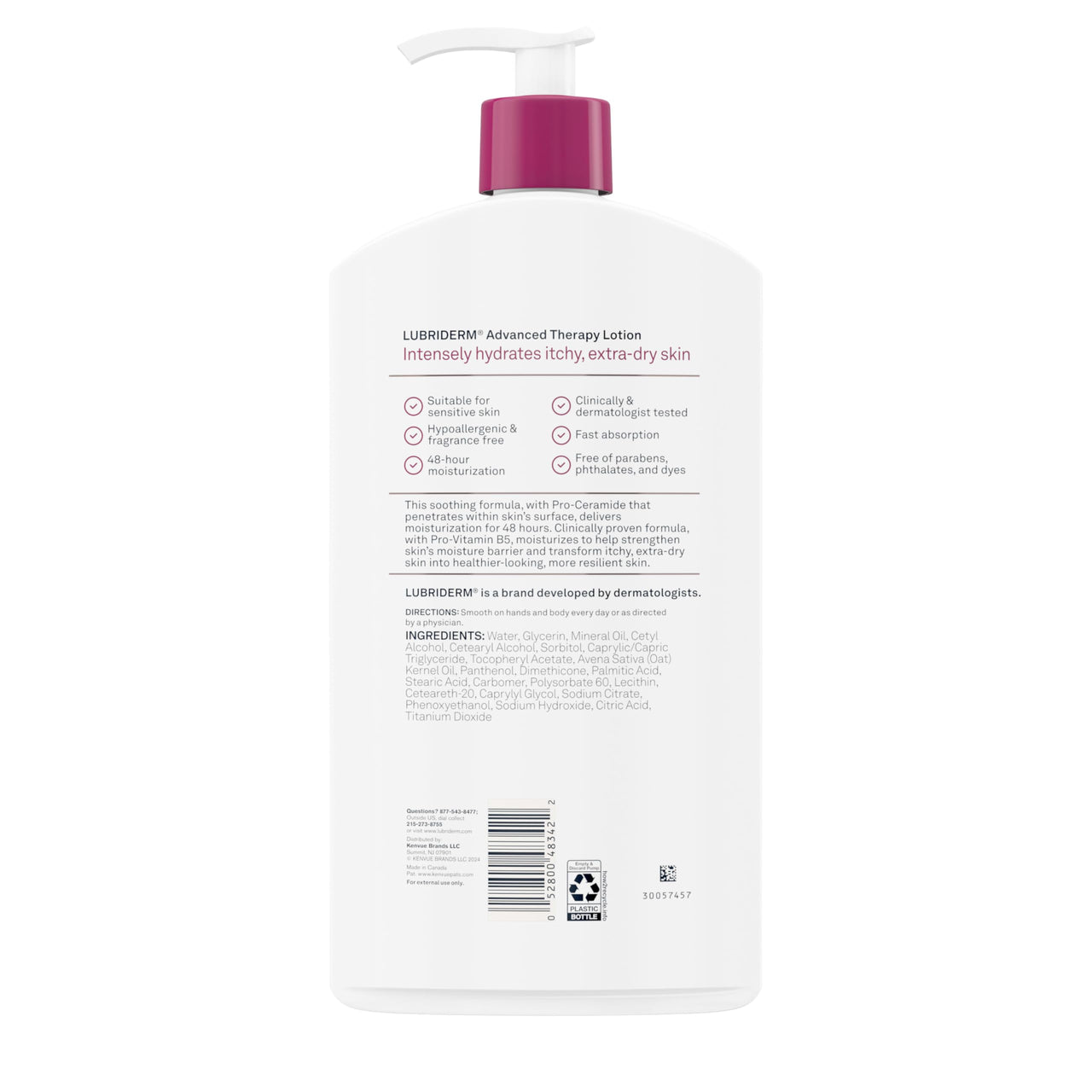 Lubriderm Advanced Therapy Fragrance-Free Moisturizing Hand & Body Lotion + Pro-Ceramide, Intense Hydration for Itchy, Extra Dry, & Sensitive Skin, Non-Greasy, Hypoallergenic, 32 fl. oz