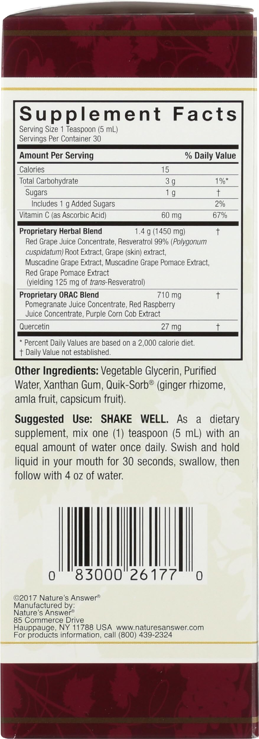 Nature's Answer Alcohol-Free Resveratrol Reserve, 5-Fluid Ounces | Packed with Antioxidants | Promotes Overall Health | Immune System Support | Single Count