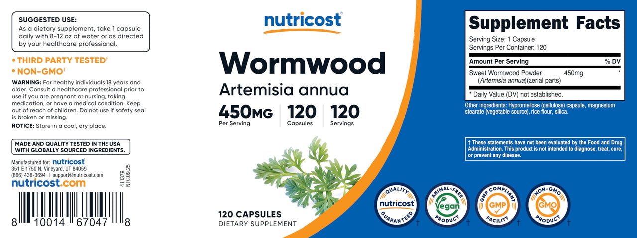 Nutricost Wormwood Capsules 450mg 120 Capsules - Vegetarian Caps, Gluten Free and Non-GMO