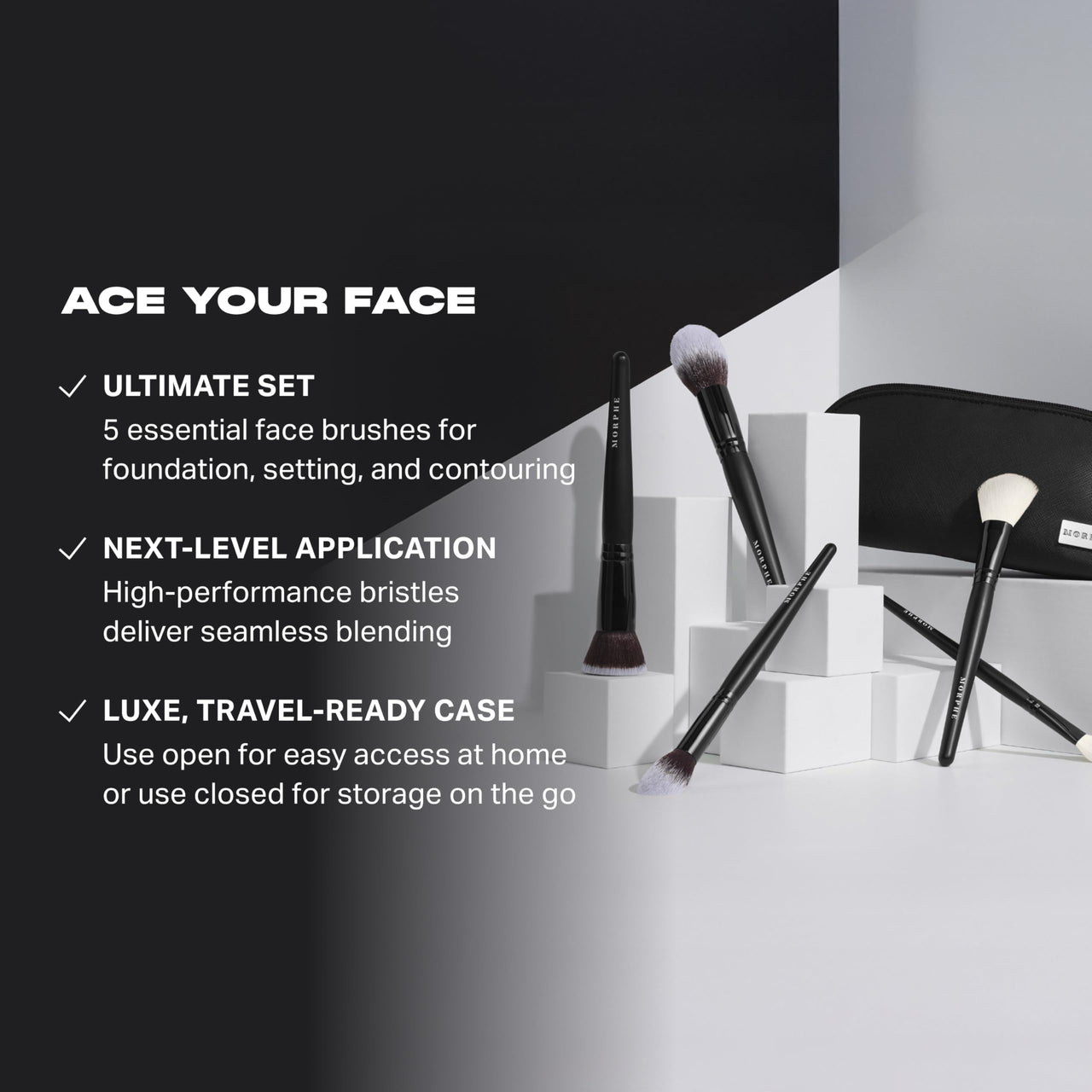 Morphe Face The Beat Makeup Brushes - 5 Piece Makeup Brush Set with Foundation, Blush, Contour & Blending Brushes - Made with Synthetic Bristles & Includes Makeup Brush Case (5 Count)