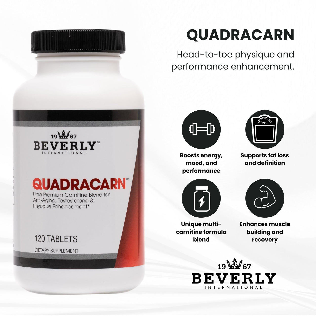 Beverly International Quadracarn 4X-Potency, Lab Tested Ultra-Premium Carnitine Blend for Fat Loss, Muscle Definition, Metabolism, Mood, Energy Boost, Anti-Aging, Brain Function. 120 Tablets.