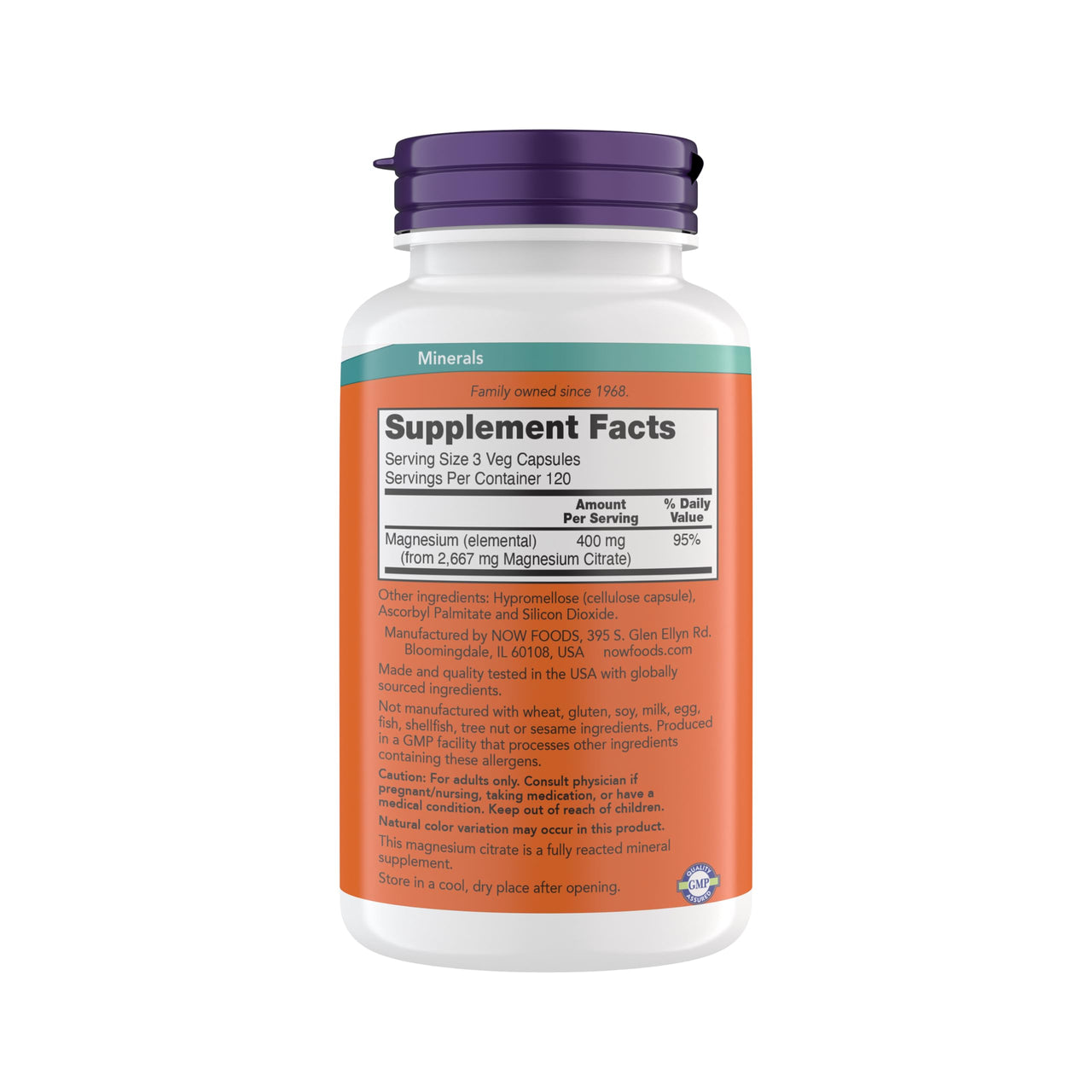 Now Supplements, Magnesium Citrate, Enzyme Function*, Nervous System Support*, Critical for Enzyme Function*, Gluten Free, Vegan, Kosher, Non-GMO 360 Vegetarian Capsules