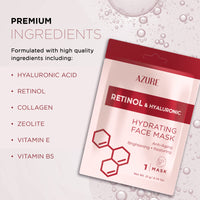 Thumbnail for Azure Cosmetics Retinol & Hyaluronic Acid Anti Aging Facial Sheet - Rejuvenating & Hydrating Face Mask - Helps Reduce Fine Lines & Wrinkles, Smooths & Repairs - Made in Korea - Pack of 5