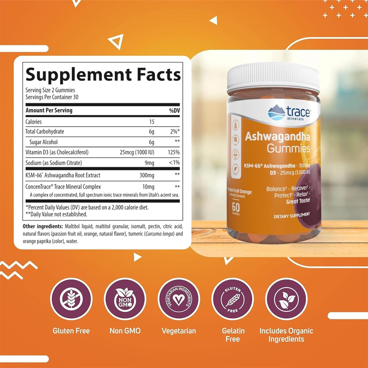 Trace Minerals Ashwagandha - Ashwagandha Gummies for Supporting A Healthy Mindset - Calming Supplement - Better Sleep - Immune System & Energy Support - Passion Fruit Orange - 60 Count (30 Servings)