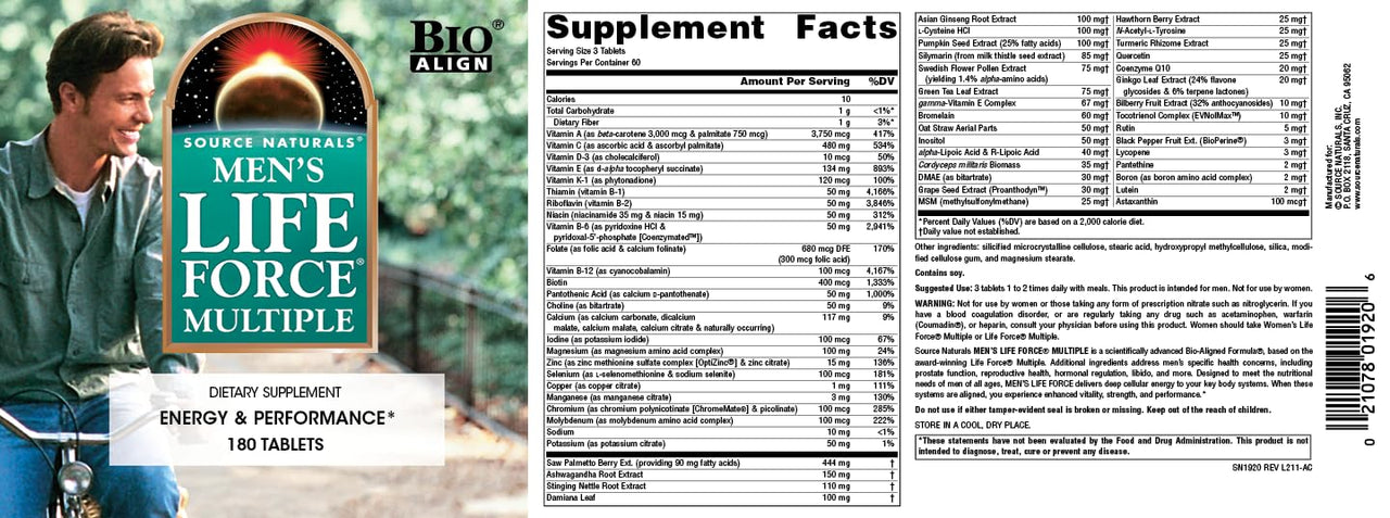 Source Naturals Men's Life Force Multiple Daily Multivitamin & Immune Health Supplement - 13 Essential Vitamins, Nutrients & Minerals - 180 Tablets