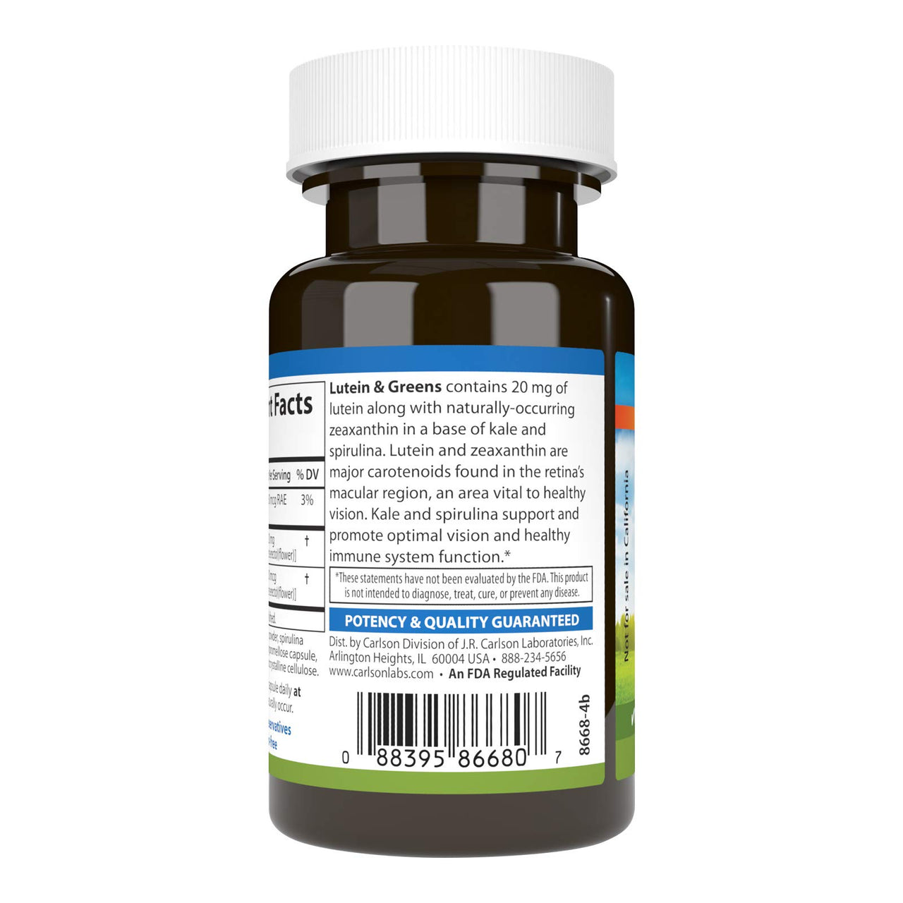 Carlson - Lutein & Greens, 20 mg, Vision Support & Eye Function, Antioxidant, 30 Vegetarian Capsules