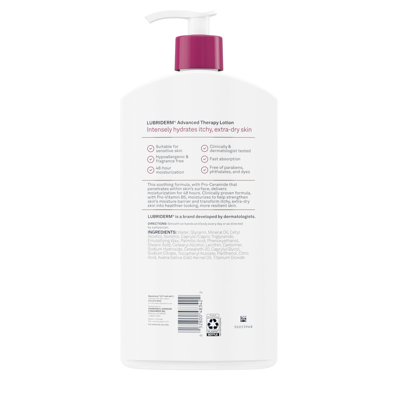 Lubriderm Advanced Therapy Fragrance-Free Moisturizing Hand & Body Lotion + Pro-Ceramide, Intense Hydration for Itchy, Extra Dry, & Sensitive Skin, Non-Greasy, Hypoallergenic, 32 fl. oz