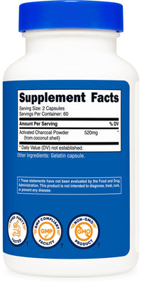 Thumbnail for Nutricost Activated Charcoal 520mg, 120 Capsules - Premium Powder, Non-GMO & Gluten Free