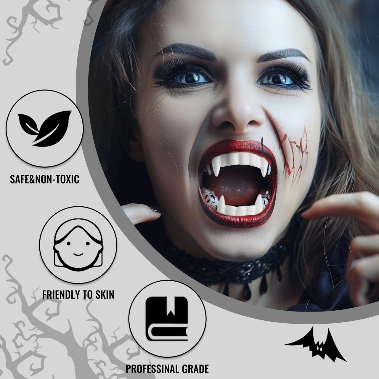 BOBISUKA Halloween Vampire Makeup Kit with White Face & Body Paint, Fake Blood, Black and Red Face Paint Crayon and Fake Teeth SFX Makeup Set for Zombie Wounds Clown Cosplay Special Effects Makeup