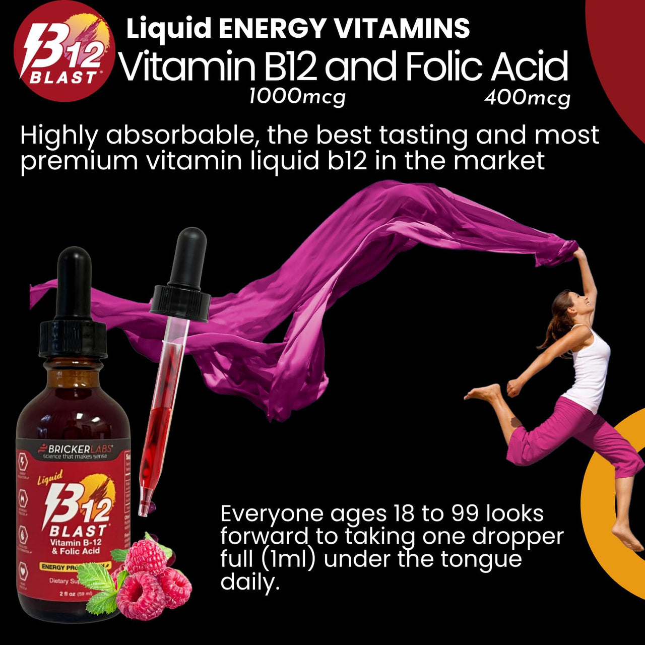 Bricker Labs B-12 Blast Liquid Vitamin B12 and Folic Acid Supplement, Support Energy Production, Great Tasting Liquid Vitamin B12 Dietary Supplement in Natural Raspberry Flavor, 2 fl oz Bottle