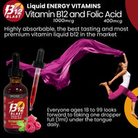 Thumbnail for Bricker Labs B-12 Blast Liquid Vitamin B12 and Folic Acid Supplement, Support Energy Production, Great Tasting Liquid Vitamin B12 Dietary Supplement in Natural Raspberry Flavor, 2 fl oz Bottle