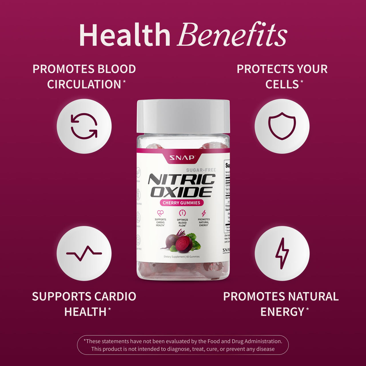 Snap Supplements Nitric Oxide Gummies - Beet Root Extract 300mg, Sugar Free Beetroot Supplement with Pomegranate Powder for Circulation & Natural Energy, 60 Vegan Gummies (2-Pack), Cherry Flavor
