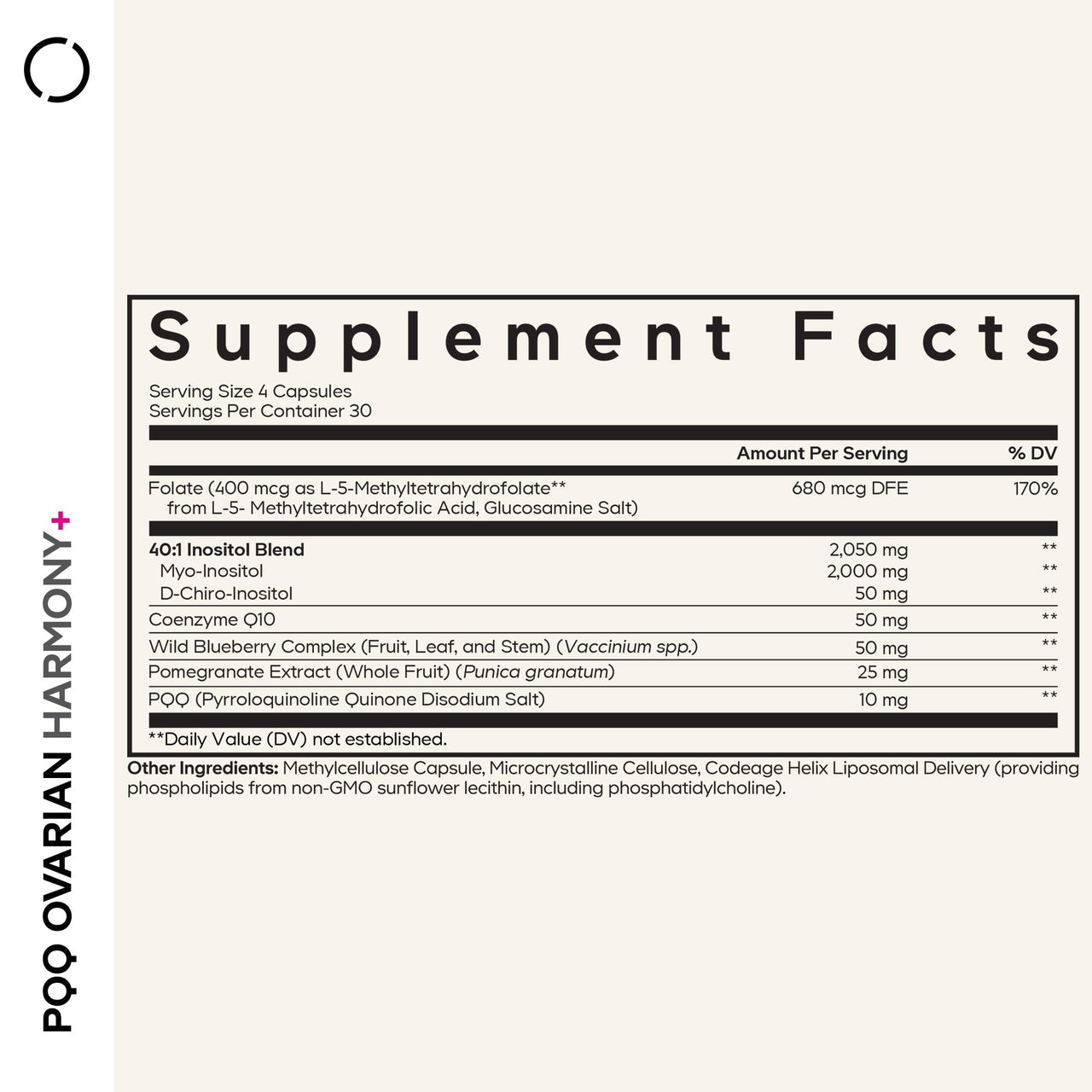Codeage PQQ Ovarian Harmony+ Supplement - PQQ (Pyrroloquinoline Quinone), Myo-Inositol & D-Chiro-Inositol 40:1 Blend, Folate 5-MTHF, CoQ10, Wild Blueberry - Liposomal Delivery - Non-GMO - 120 Capsules