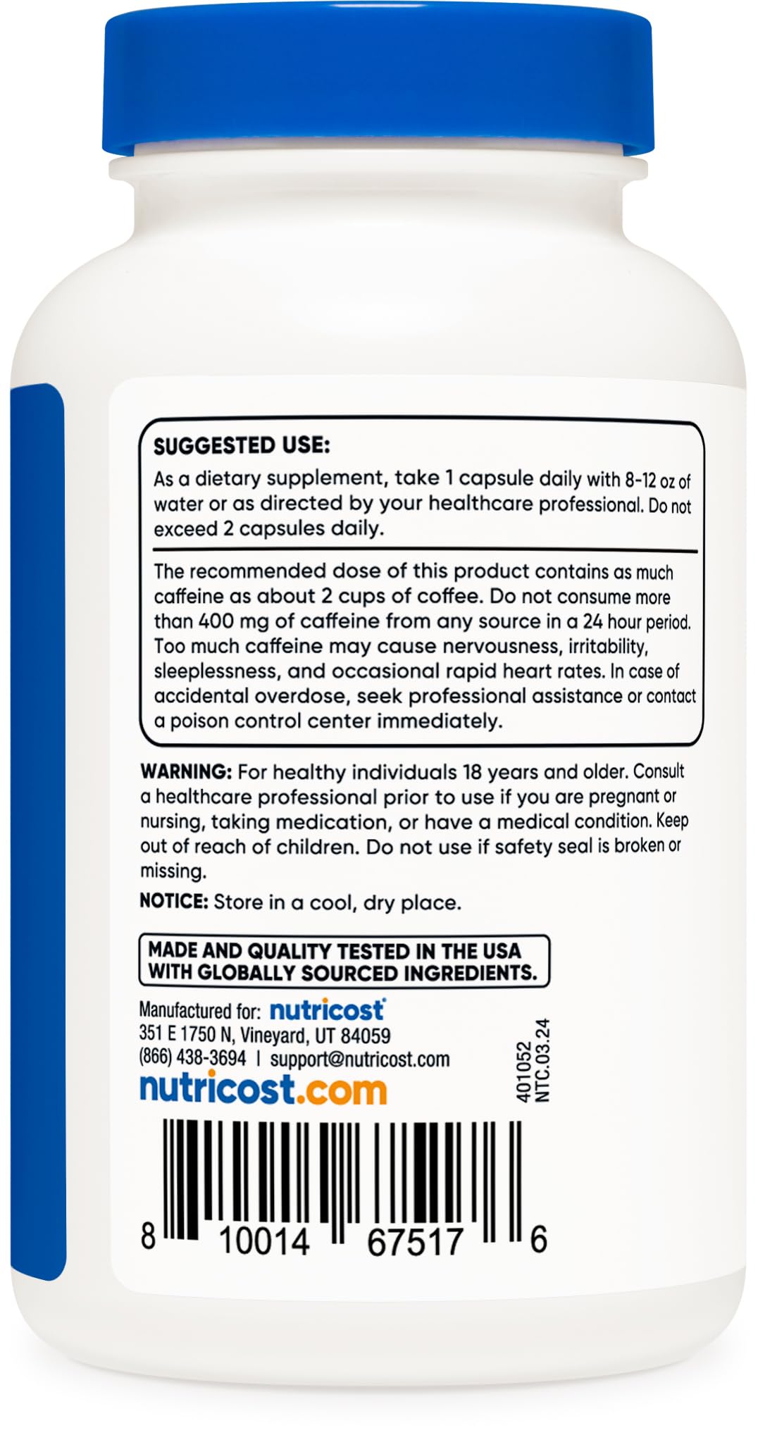 Nutricost Caffeine Pills, 200mg Per Serving (250 Caps)