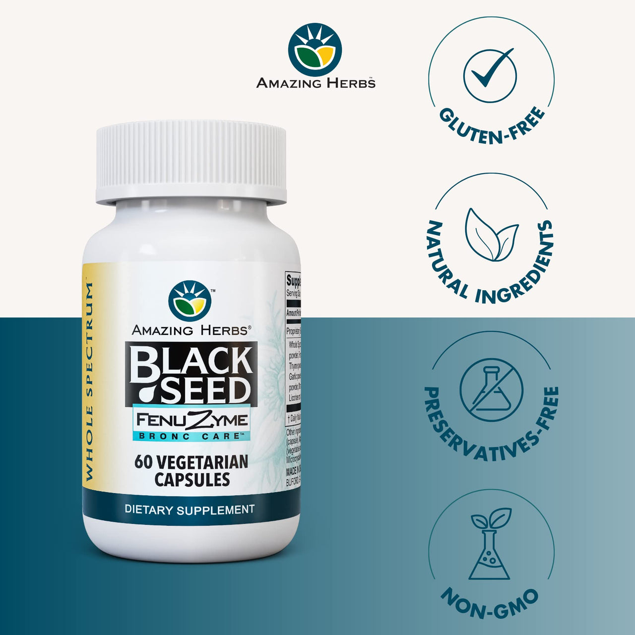 Amazing Herbs Black Seed Fenuzume Bronc-Care, Vegetarian Capsules - Gluten-Free, Non-GMO, Vegan, Enhances Immune Response, Improves Allergic Conditions & General Well-Being - 60 Count