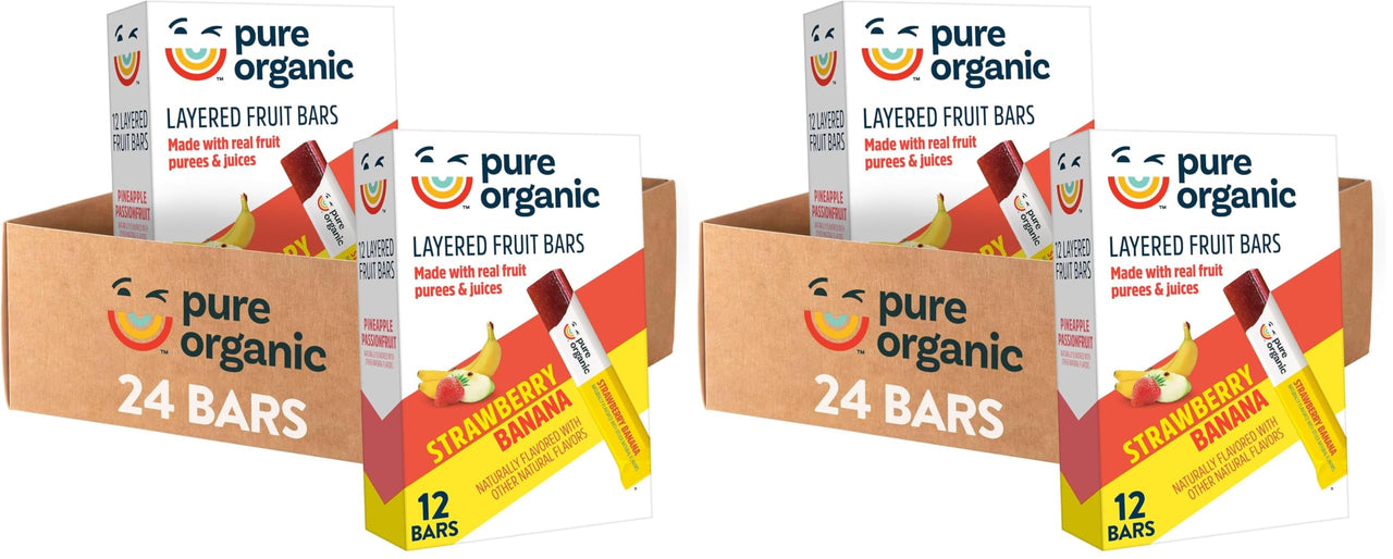 Pure Organic Layered Fruit Bars, Strawberry Banana, Gluten Free, Vegan Fruit Snacks (2 Boxes, 24 Bars) (Pack of 2)