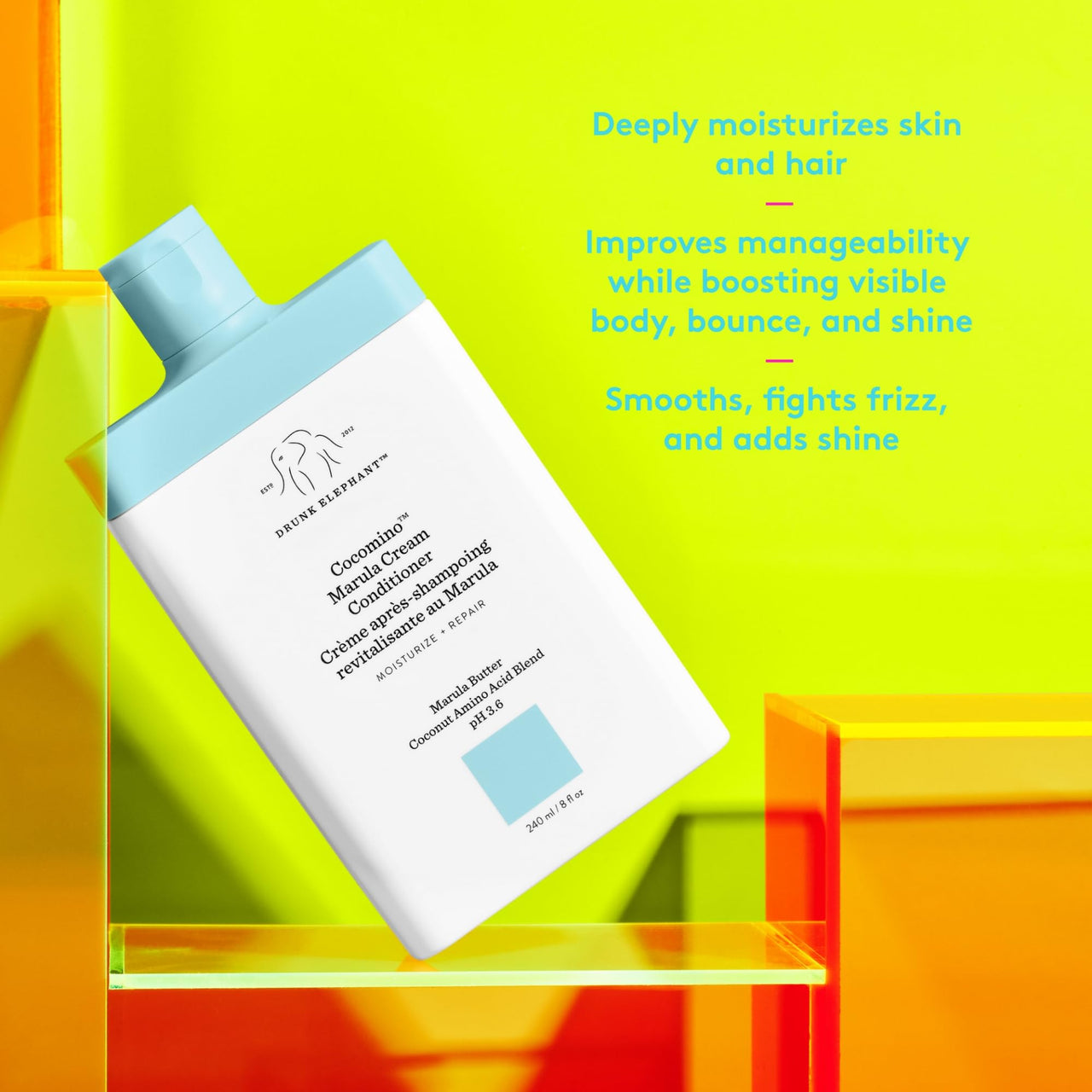 Drunk Elephant Cocomino Marula Cream Conditioner - 240 ml/8 fl oz - Coconut Amino Acids - Clean Clinical - Sulfate-Free - Cruelty-Free - Dermatologist-Tested - Free of Essential Oils, Silicones, SLS