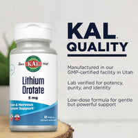 Thumbnail for KAL Lithium Orotate 5mg | Low Serving of Chelated Lithium Orotate for Bioavailability & Mood Support | in Organic Rice Bran Extract Base | 60 VegCaps