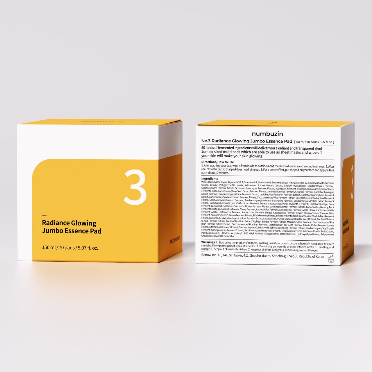 numbuzin No.3 Toner Pads | Radiance Glowing Jumbo Essence Pad | Clear Glass Skin, Texture Care | Biodegradable Vegan Pads, Fermented Ingredients, Niacinamide | 70 pads/5.07 fl. oz.