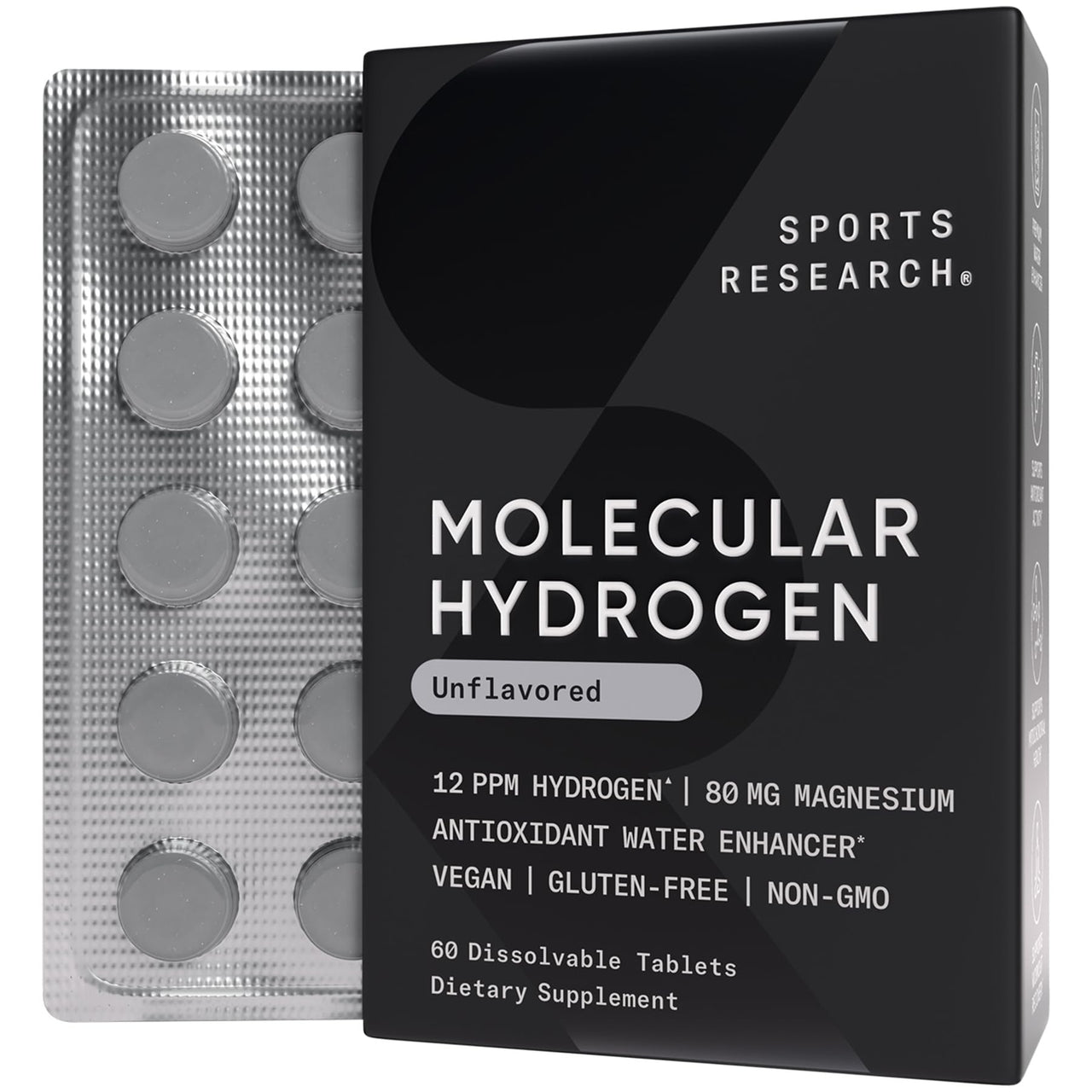 Sports Research® Molecular Hydrogen Water Tablets - Fast Dissolve H2 Tablets with Magnesium - Hydrogen Water - Antioxidant Water Enhancer with Magnesium* - Unflavored, 60 Servings
