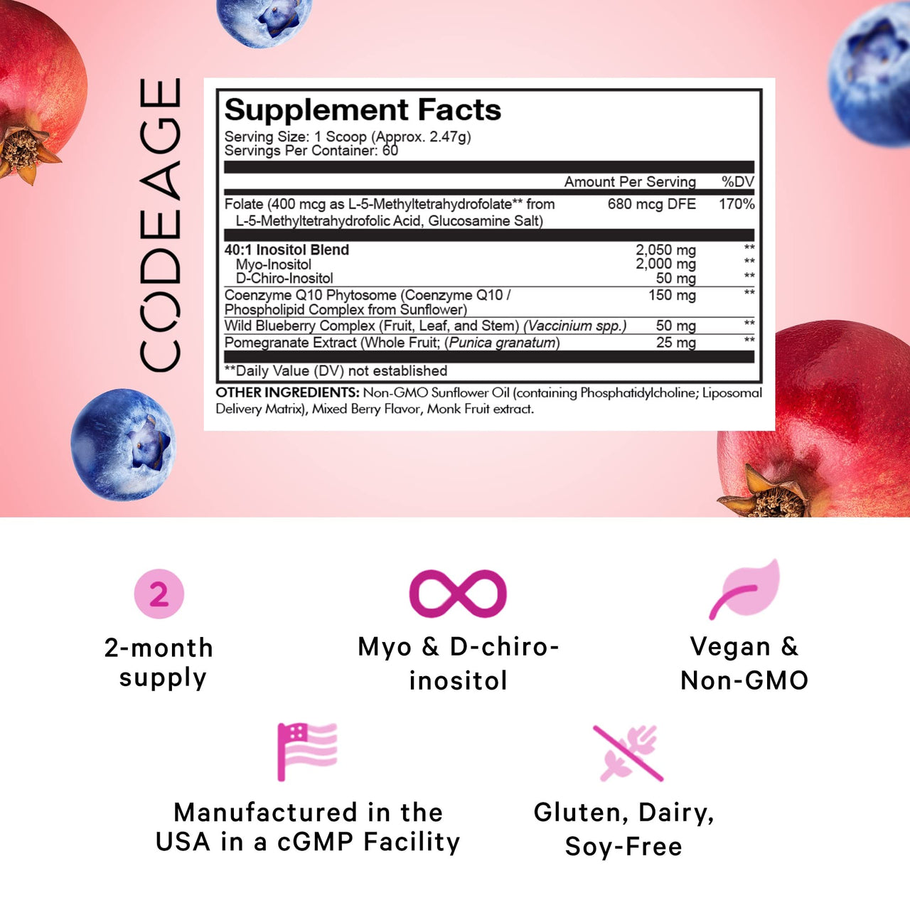 Codeage Liposomal Ovarian Inositol Powder - Myo-Inositol & D-Chiro-Inositol 40:1 Blend, Folate 5-MTHF, CoQ10, Pomegranate & Wild Blueberry - 2-Month Supply - Mixed Berry Flavor - Non-GMO, 60 Servings