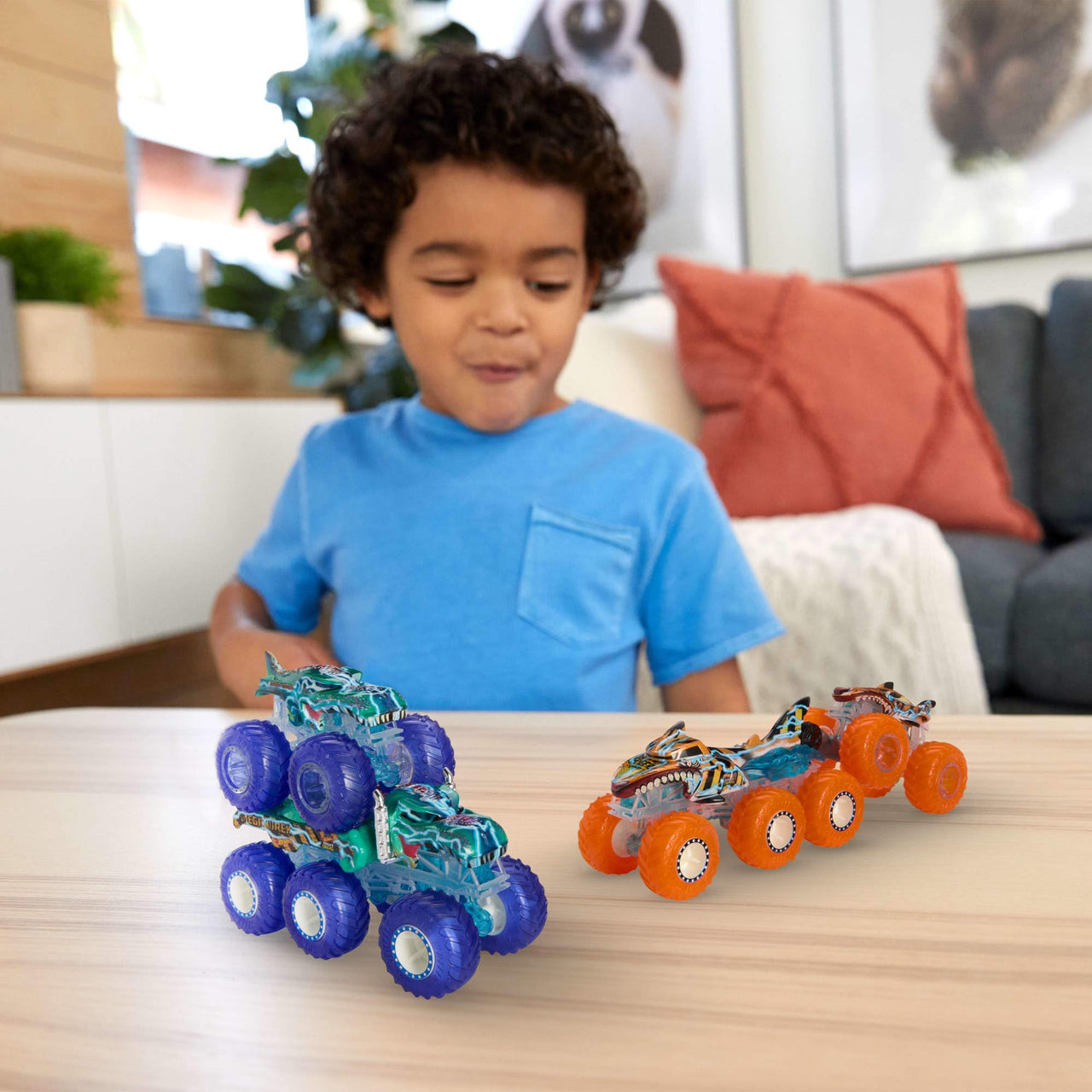 Hot Wheels Monster Trucks Multipack, 1:64 Scale Mega-Wrex & Tiger Shark Toy Trucks with Big Rigs in Matching Power Smashers Deco