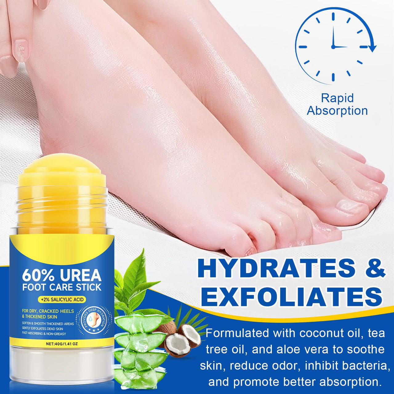 Urea Cream Stick 60% Plus 2% Salicylic Acid, Extra Strength Urea Foot Cream for Dry Cracked Heels, Callus Remover for Feet,Moisturizing Lotion for Hands, Knees,Elbows,Softens and Exfoliates Dead Skin