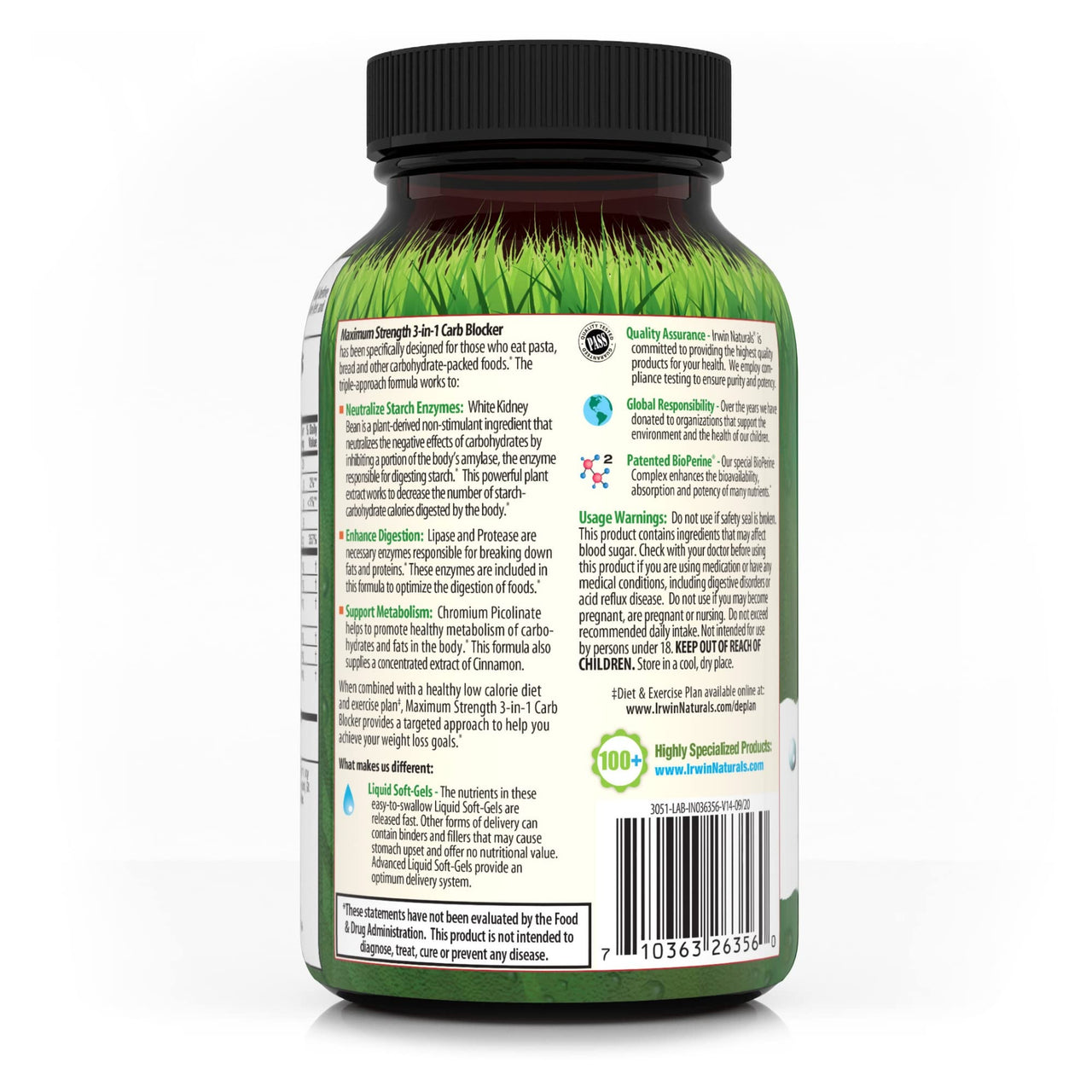 Irwin Naturals Maximum Strength 3-in-1 Carb Blocker - Neutralize Carbohydrates - 75 Liquid Softgels