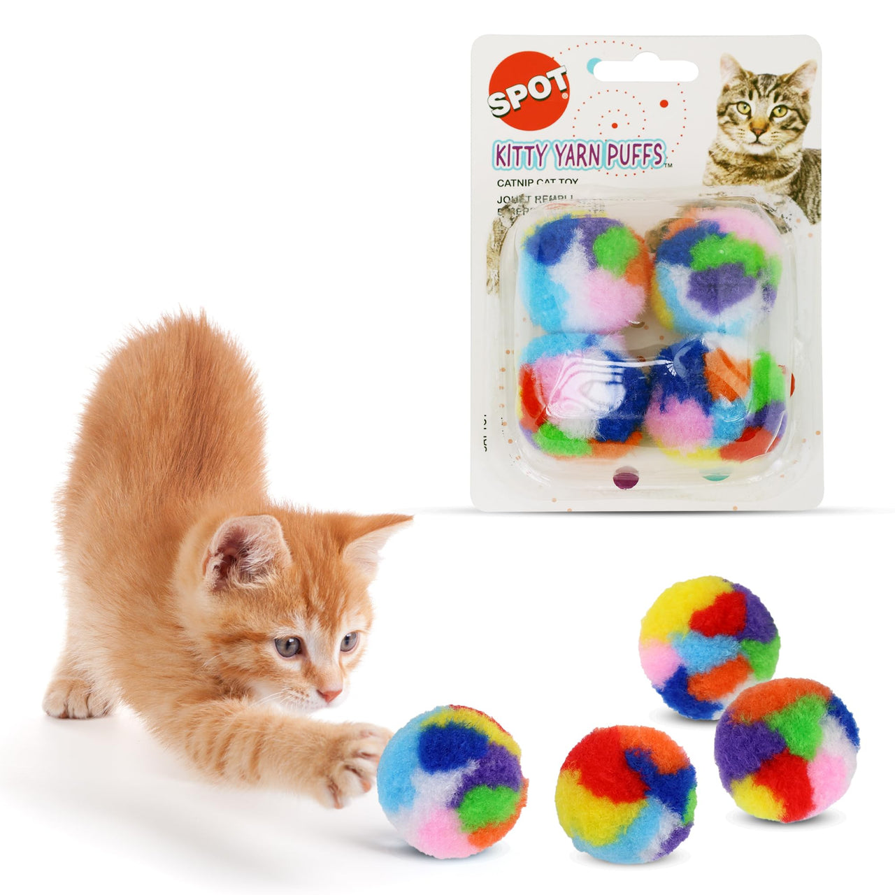 SPOT Kitty Yarn Puffs Cat Toy -Woolen Yarn Balls Cat Toys with Catnip for Cats and Kittens to Bite, Swat, and Chase, Interactive Cat Toy, 4 Pieces