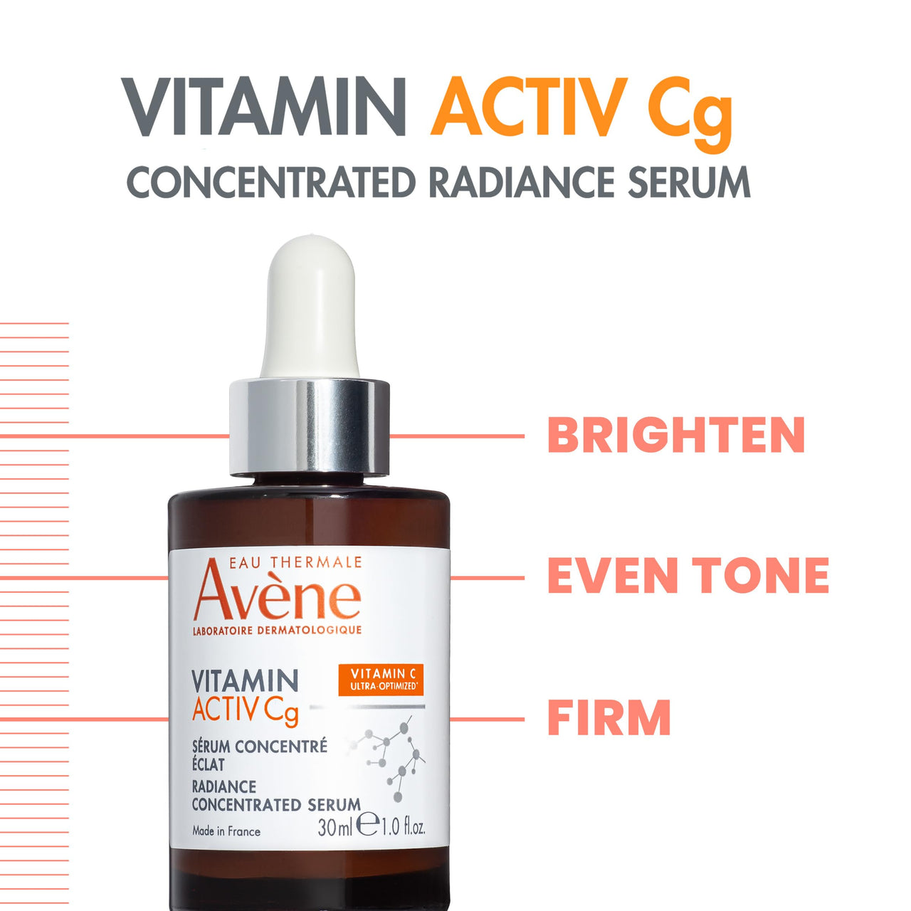 Avène Vitamin Activ Cg Radiance Concentrated Serum, Radiance Boosting Vitamin C Serum, powered by Vitamin Cg + Niacinamide + Bakuchiol, Visbily Reduce Wrinkles, Dark Spots & Fine Lines, 1 FL Oz