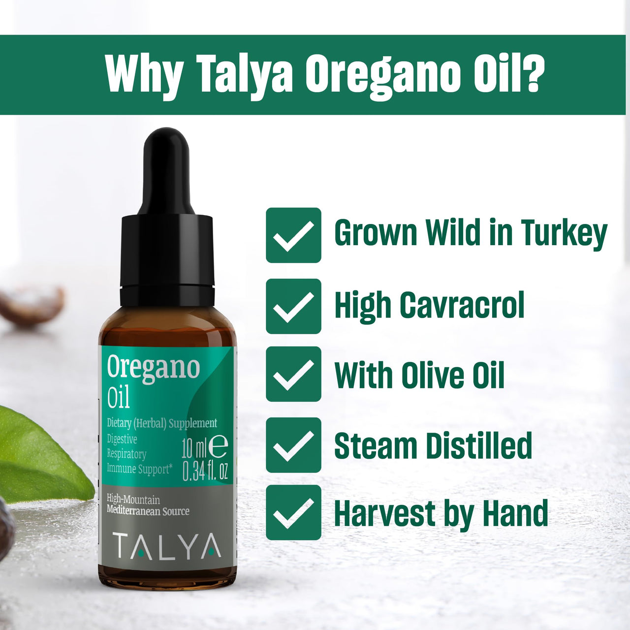 TALYA Oregano Oil 0.34 fl.oz | Oil of Oregano Liquid | Immune Support, High Carvacrol, Digestive Health | Non-GMO | Vegan | Mediterranean Oregano