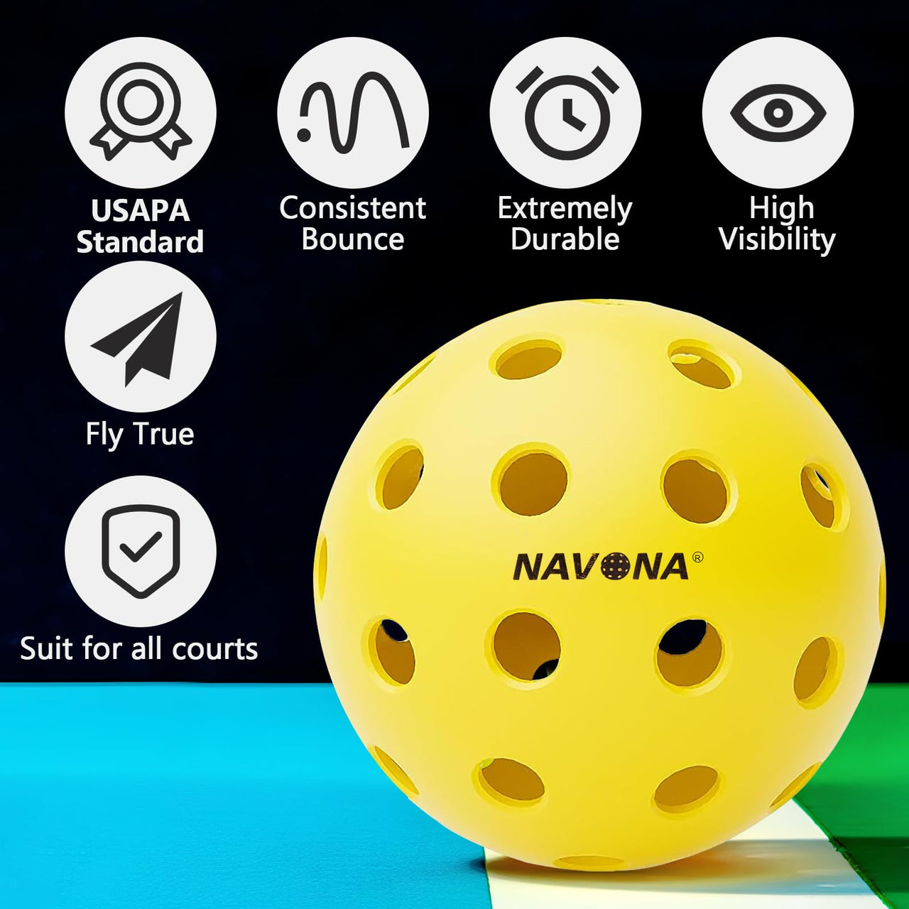 Navona 48 Pack Premium 40-Holes Outdoor Pickleball Balls, Meet USAPA Official Requirement, Perfectly Balanced, High Bounce True Flight, Durable Outdoor Pickleball Set