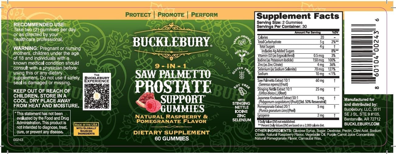 BUCKLEBURY 9-in-1 Natural Saw Palmetto Gummies with Raspberry & Pomegranate Flavor - Plant-Based Prostate Support Supplements for Mens Bladder Health, Hair Growth & Urinary Support - 60 Gummies