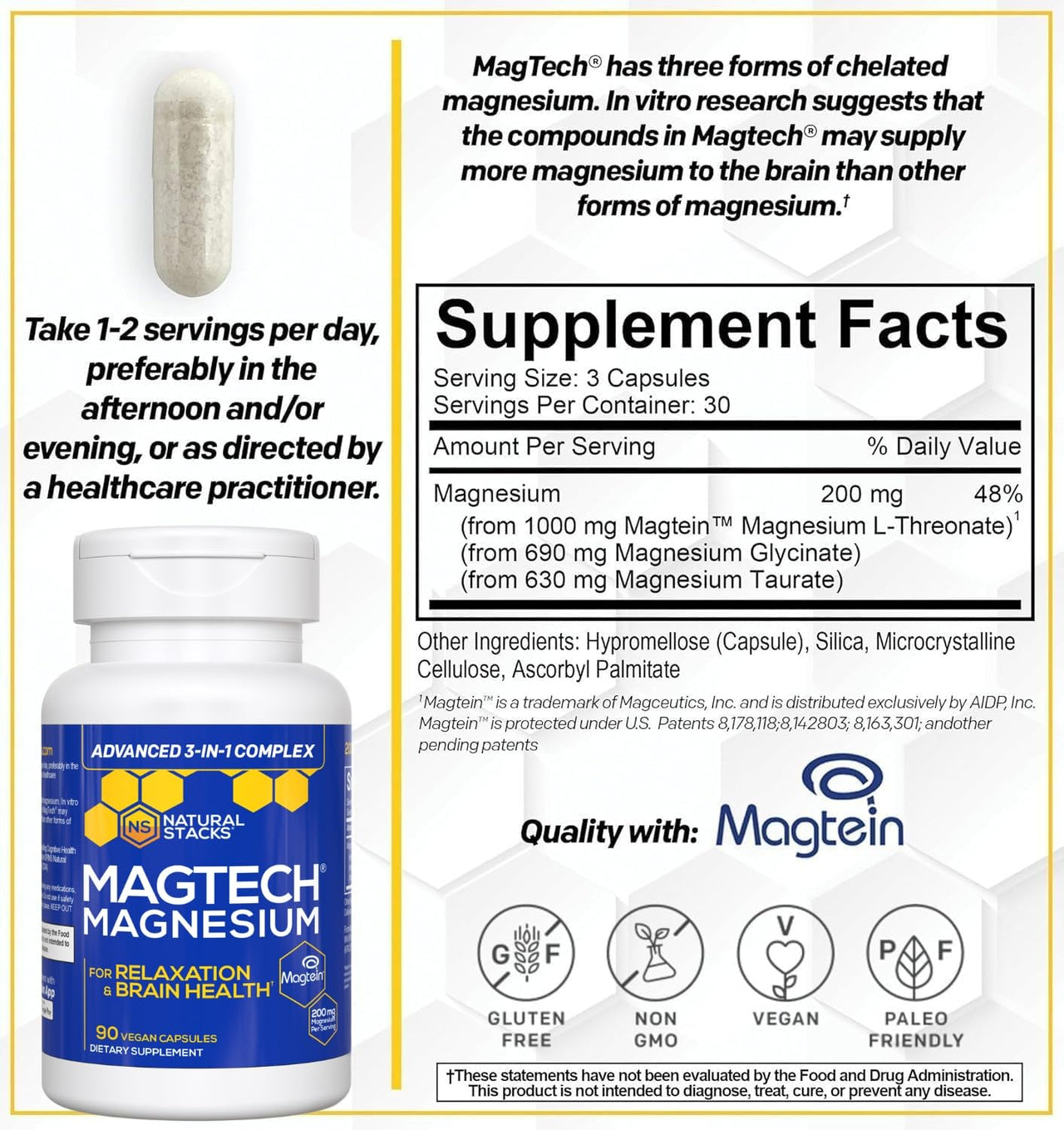 Magtein Magnesium L-Threonate, Glycinate & Taurate – 200mg Chelated Magnesium Complex – MagTech Magnesium Supplement for Relaxation & Brain Health – 90 Capsules