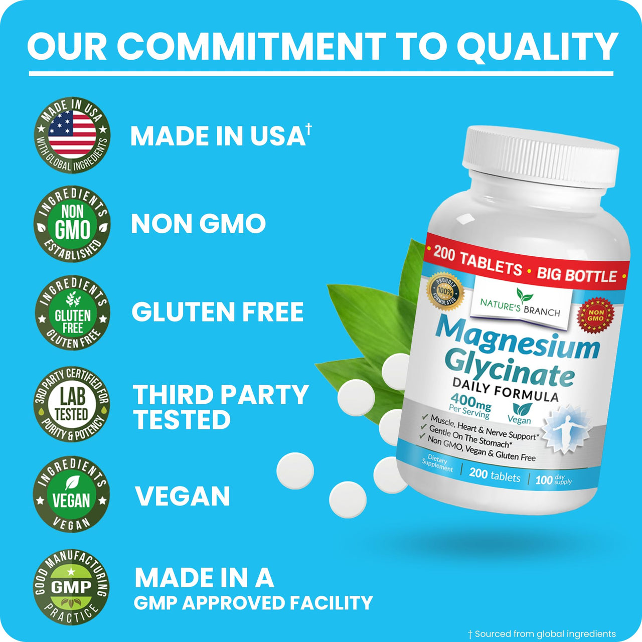 Buy Magnesium Glycinate 400mg | 200 Tablets | High Absorption Mag Supplements for Sleep, Leg Cramps, Heart, Muscle, Calm | Non Buffered Bisglycinate, Extra Strength for Women and Men, Tablets Not Capsules Online - DistaUSA