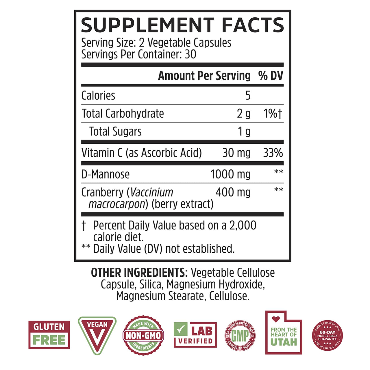 Zhou Cran-Defense - Cranberry Pills for Women & Men, D Mannose with Cranberry Extract, 1000 mg D-Mannose Per Serving for Urinary Tract Health, Antioxidant Support - 60 Veggie Capsules