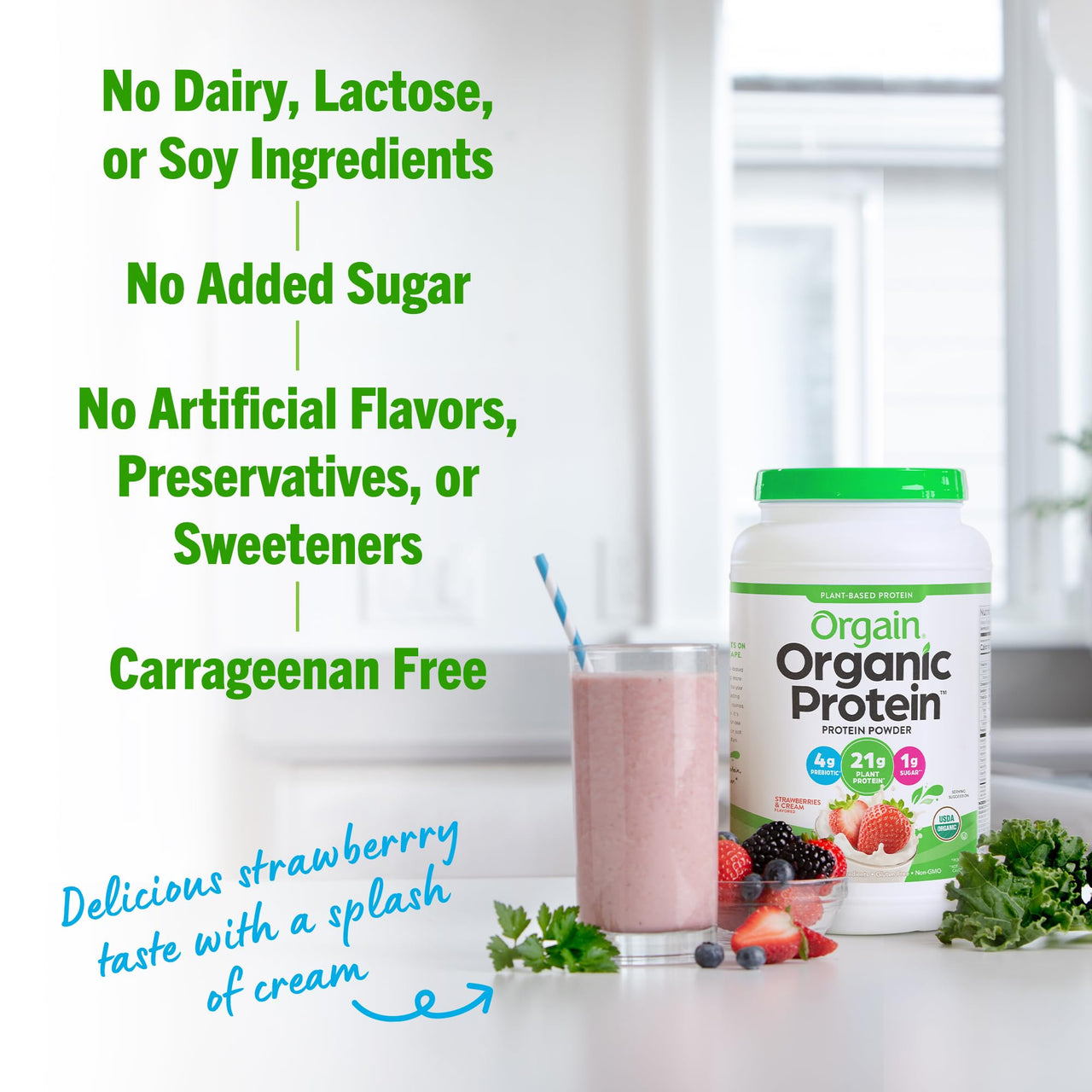 Orgain Organic Vegan Protein Powder, Strawberries & Cream - 21g of Plant Based Protein, Low Net Carbs, Gluten/ Lactose Free, No Sugar Added, Soy Free, Non-GMO, 2.03 Lb