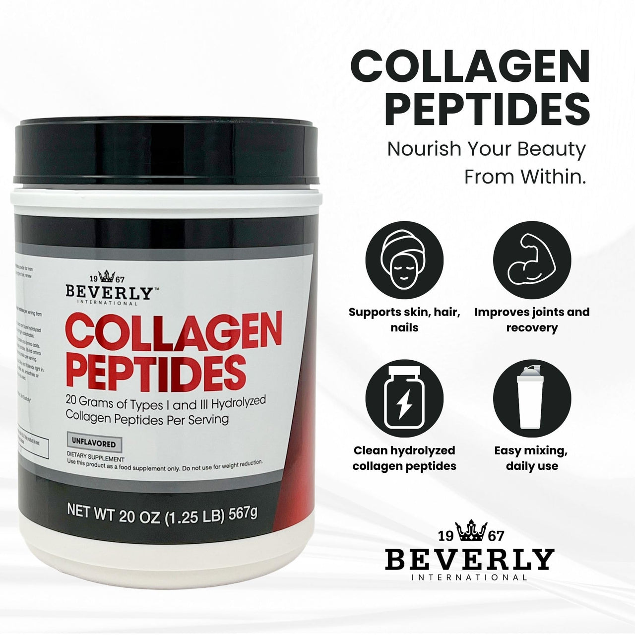 Beverly International Collagen Peptides Protein Powder. Youthful Appearance- Skin, Hair, Nails, Bones and Joint Health. Easy to Use, Highly Absorbable. 18 Grams of Protein, Unflavored 20 oz.