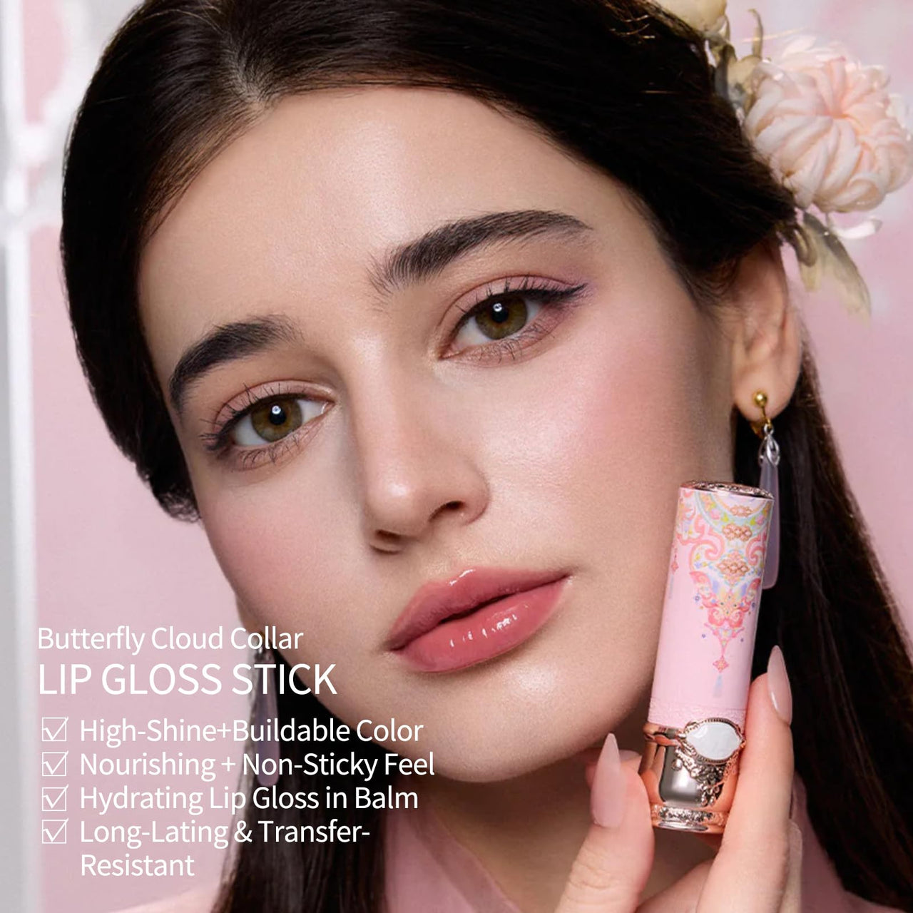 Flower Knows Butterfly Cloud Collar Glossy Lipstick,Hydrating Solid Lip Gloss,Moisturizing Pink Tinted Lip Balm,Long Lasting Lip Gloss in Balm for Girls&Women,(C06 Cardamom)